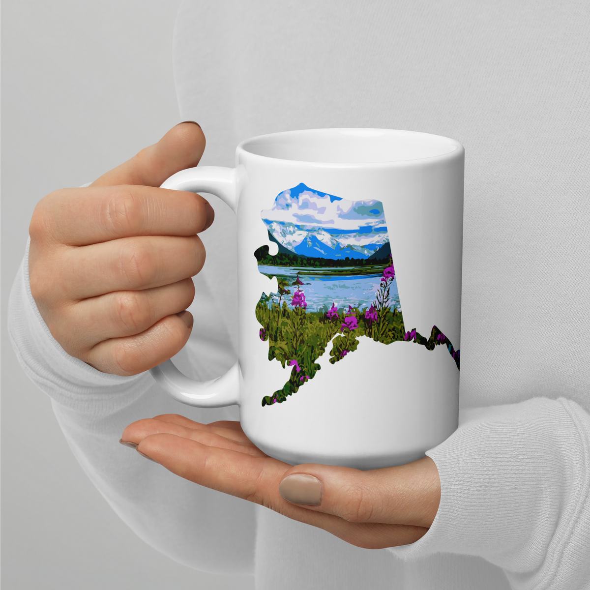Alaska coffee mug, with fireweed and mountain design
