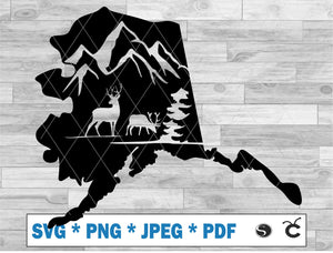 Alaska map with deer and mountains - SVG Cutting File - Digital Download