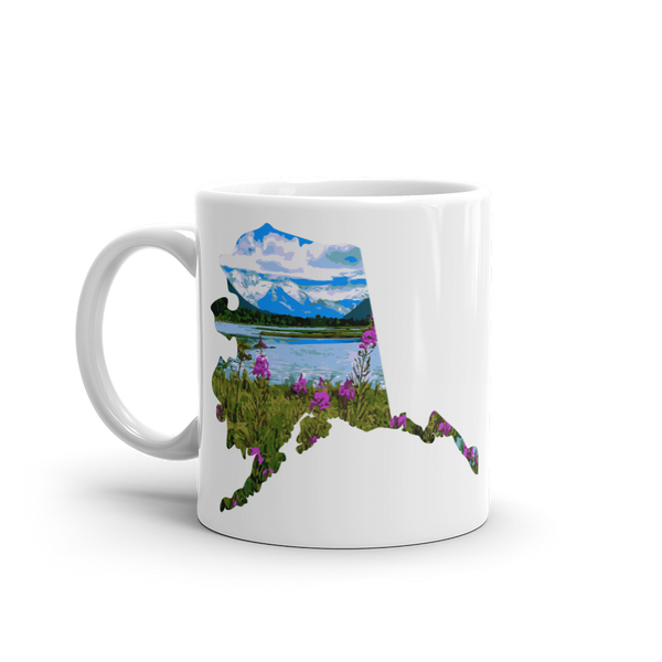 Alaska coffee mug, with fireweed and mountain design