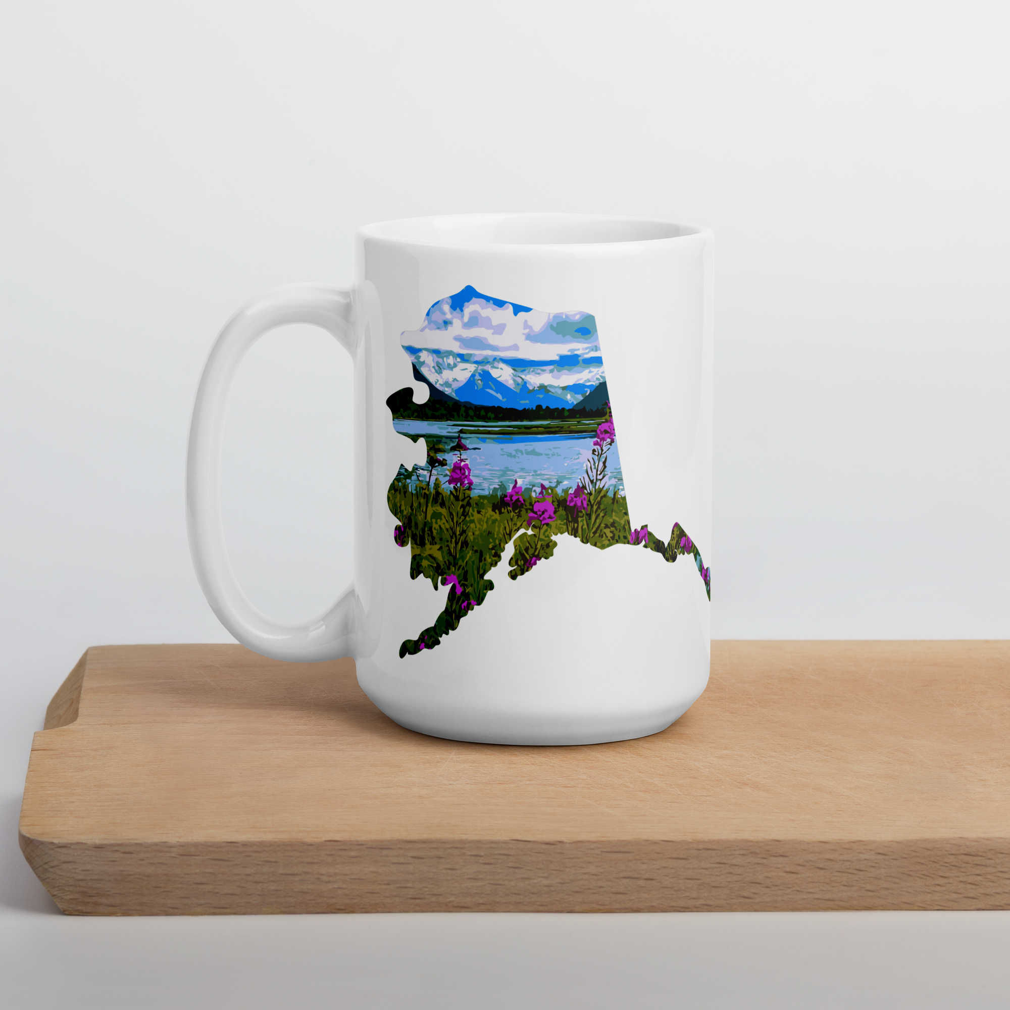 Alaska coffee mug, with fireweed and mountain design - available in 2   Jendo Design