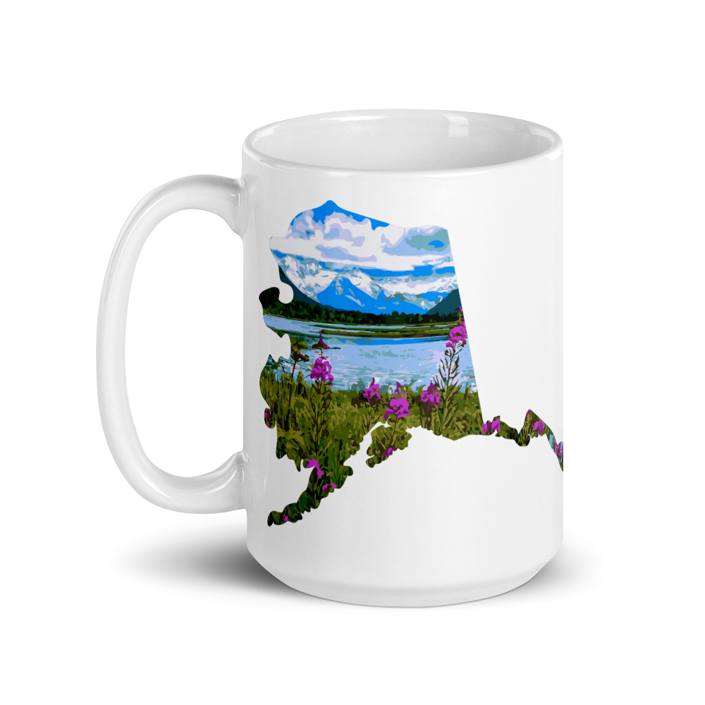 Alaska coffee mug, with fireweed and mountain design